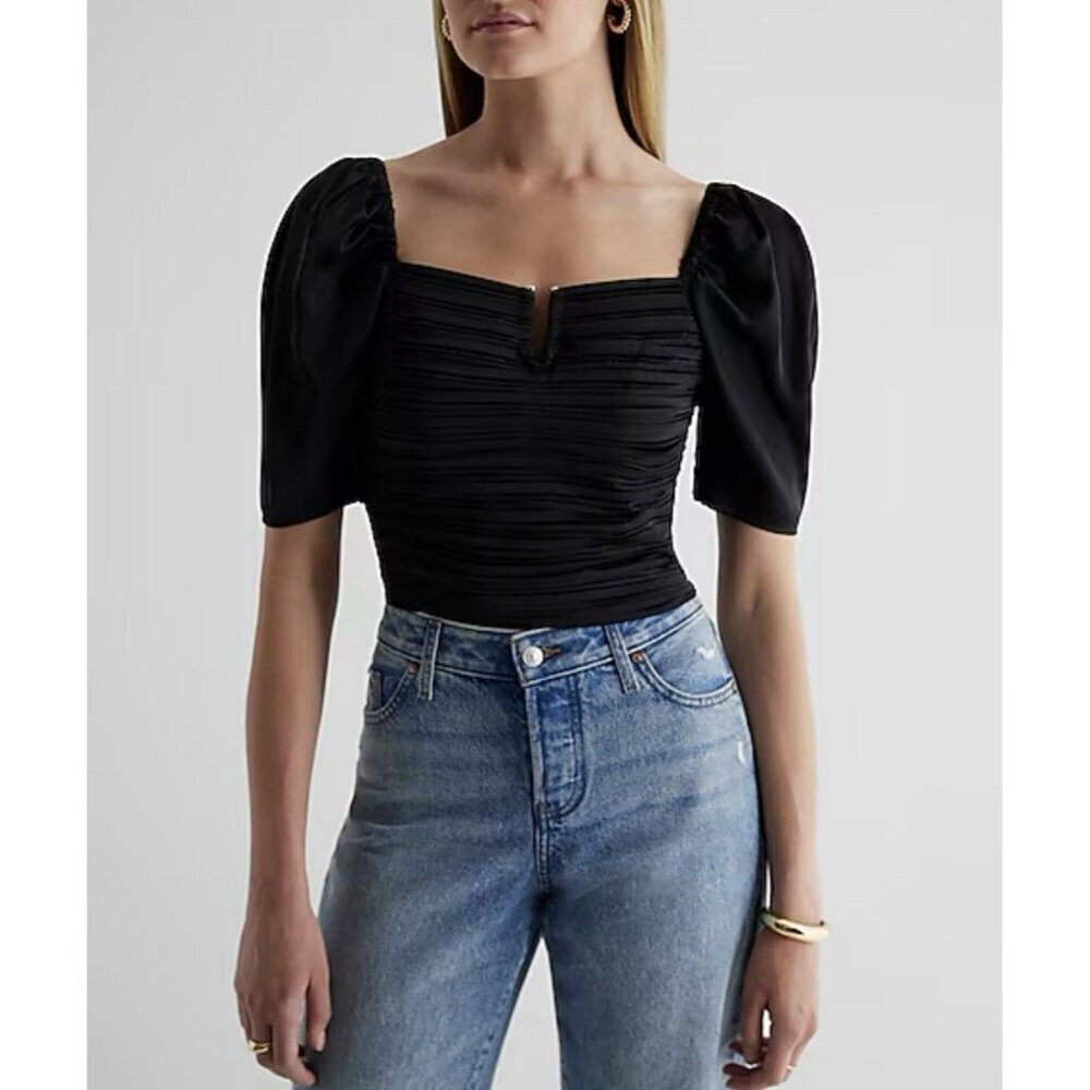 Express Women's Satin Top Size XS Black V-Bar Puff Sleeve Ruched Pleated NWT $58